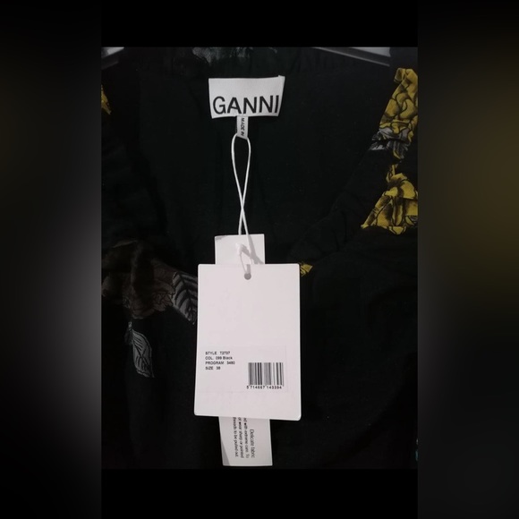 Ganni black ruched floral print stretch mesh dress - Picture 7 of 9